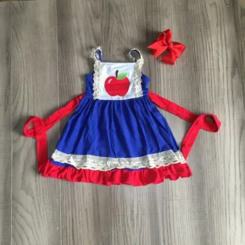 

baby girls summer dress girls back to school clothes apple print twirl dress girls blue dress with belt and bow