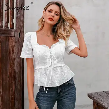 

Simplee Vintage ruffles white blouse shirt Women lace up lace shirts tops Summer holiday casual beach embroidery blusas mujer