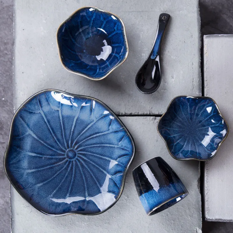 

Blue Lotus Irregular Japanese-Style Sushi Dinner Set Dish Restaurant Retro Plate Tableware Ceramic Spoon Kitchen Supplies