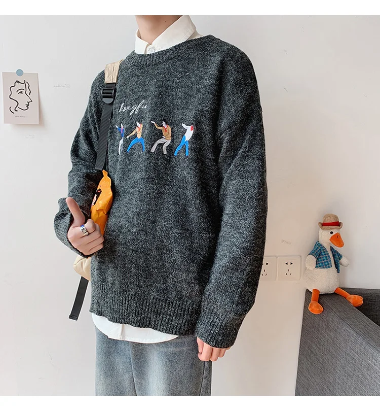 Autumn New Cartoon Men's Sweater Ins Hong Kong Sweaters Long Sleeve O-neck Korean Loose Thick Male Sweaters Sueter De Hombre