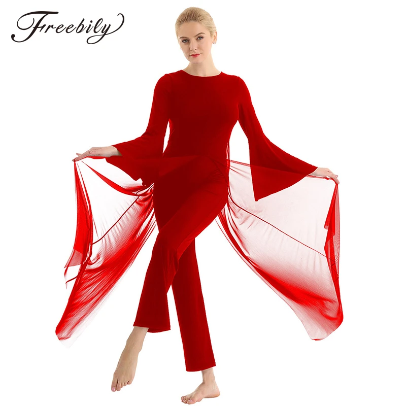 Freebily Womens Halter Sequins Lyrical Jumpsuit Dance Costume Backless Mesh Long Pants Dress 