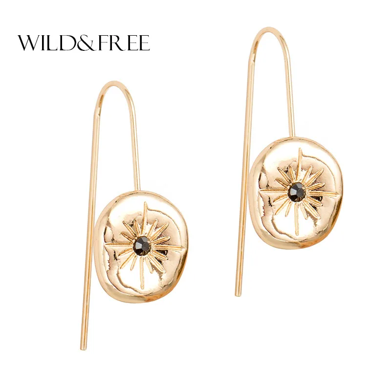 

Wild&Free Vintage Gold Long Hook Earrings For Women Minimalist Star Pattern Black Rhinestone Round Dangle Drop Earrings Jewelry