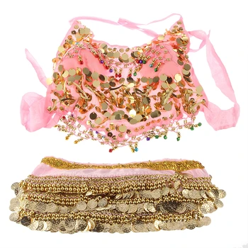 

Belly Dance Costume Peppers Top Bra With Gold Wavy Harem Pants Skirt Set Hot