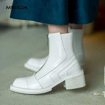 

Front zipper boots genuine leather women white ankle boots square heel designer boots chunky winter autumn shoes fashion new A16