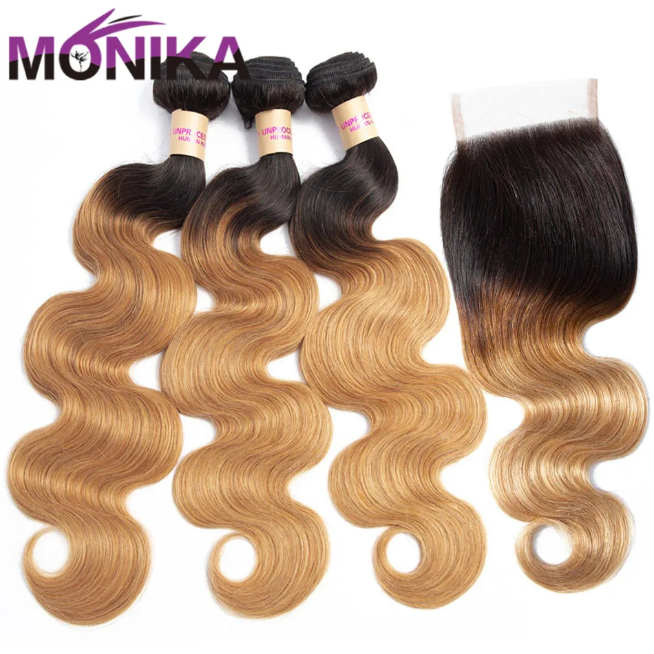 Monika Body Wave Bundles With Closure Malaysian Human Hair Bundles With Closure Non Remy Pre-colored Blonde Bundles With Closure