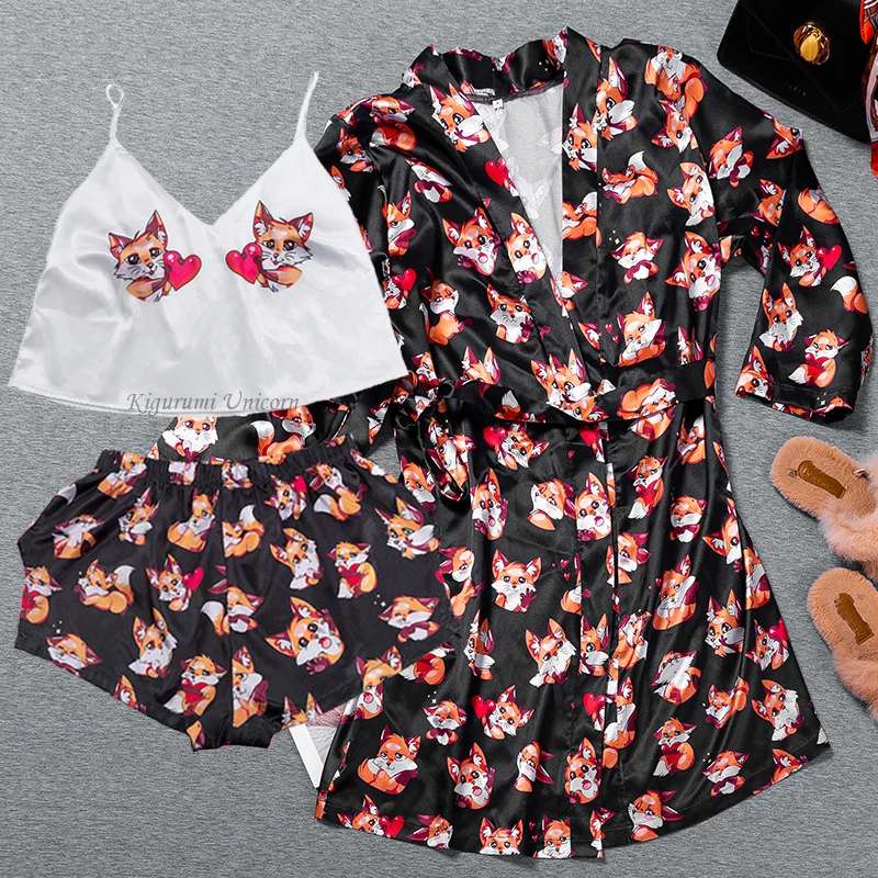 Women's Pajamas Bra Set Woman 3 Pieces Animal Cartoon Print Sleepwear Women Pajama Sets Flare Trouser Suits Nightgown Sexy Woman
