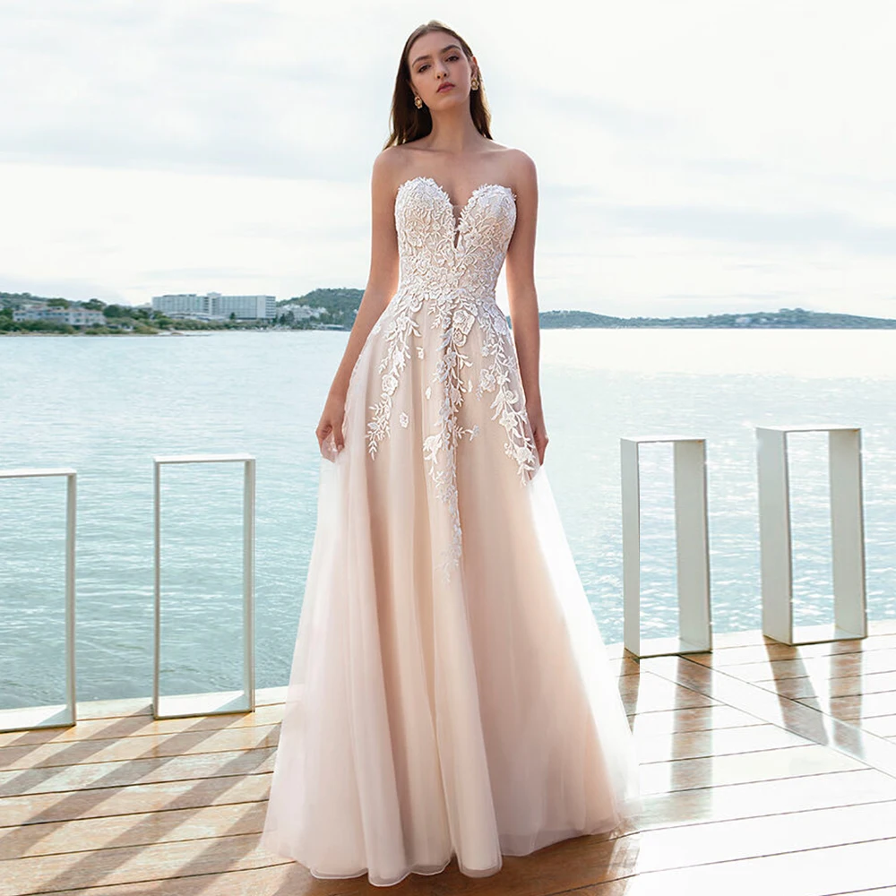Изготовленные на заказ пляжные свадебные платья Vestido De Noiva Praia Милая шея спинки Аппликации Элегантное платье Boho Hochzeitskleid