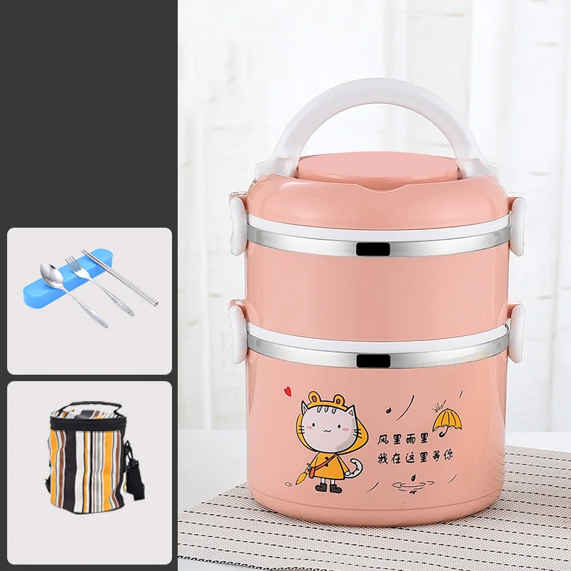 2 Layer Pink-Cartoon 2-4 все слои герметичные Bento Box детская большая, из нержавеющей стали контейнер для еды портативный для пикника мультфильм японский контейнер для завтрака термос - Цвет: 2 Layer Pink-Cartoon