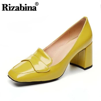 

RIZABINA Women Genuine Leather Pumps Dress Ladies Solid Color Square Heels Spring Pumps Office Ladies Footwear Size 33-42