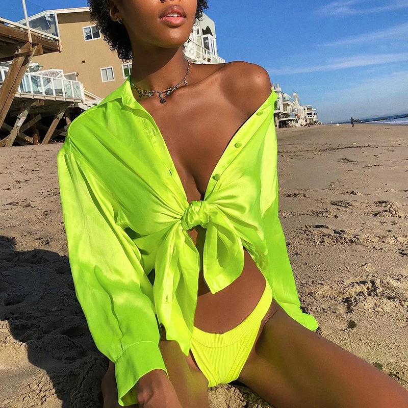 

Bright Strapless Shirt Fluorescent Green Tie Front Single Breast Button Crop Top Cardigan Blouse Imitated Silk Satin NW6839W06