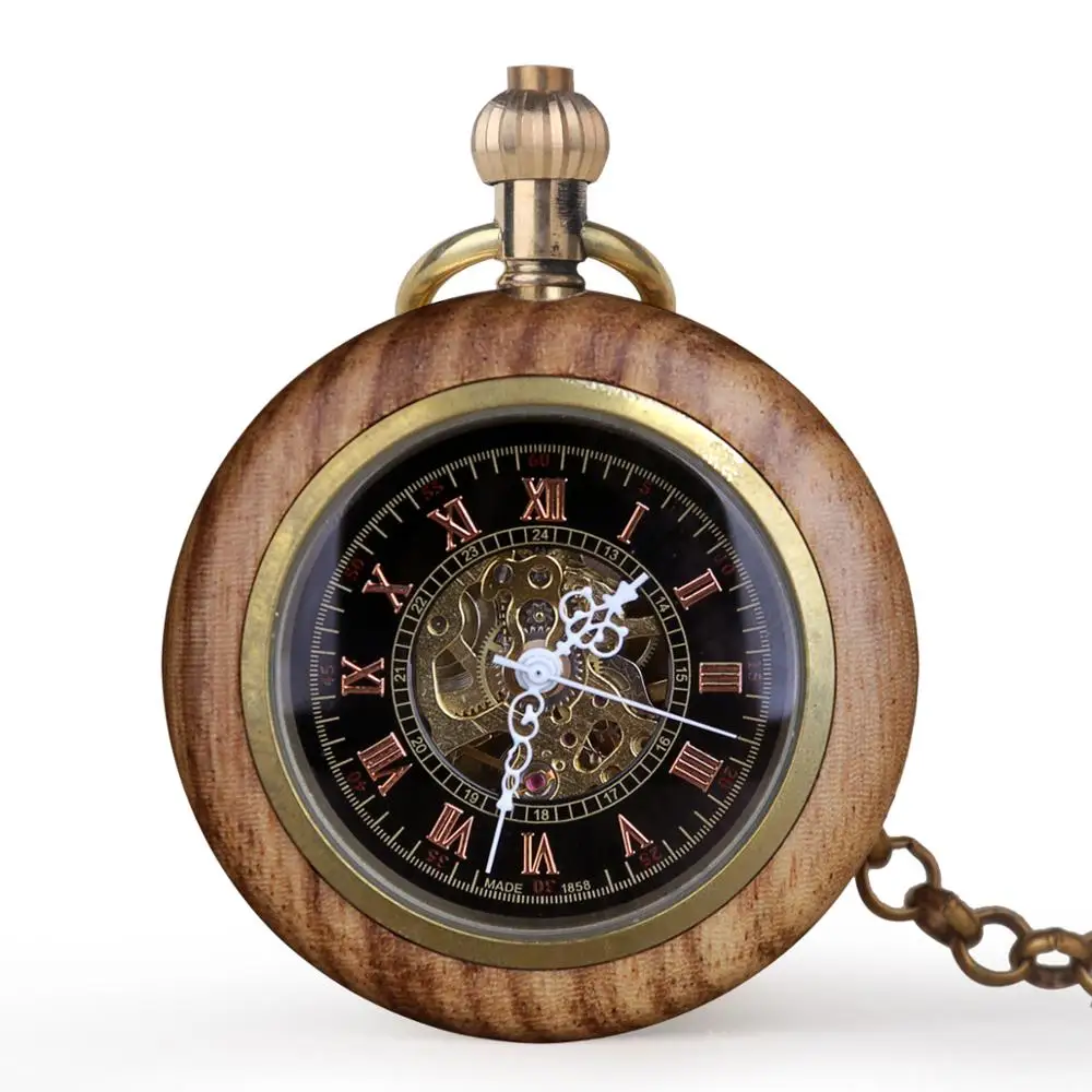Antique Wooden Mechanical Pocket Watches Skeleton Hand-winding Retro Men Women Clock with Pendant Fob Chain | Наручные часы