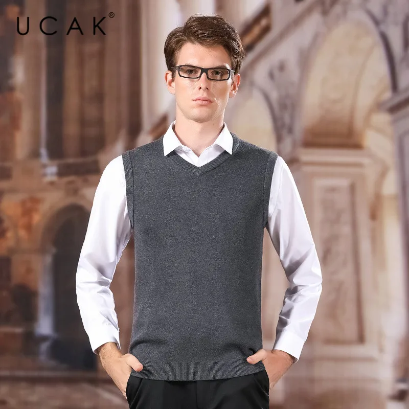 Seller UCAK Brand Sweater Vest 2020 New Arrival Solid V-Neck Casual Spring Autumn Pull Homme Streetwear Wool Warm Sweater Clothes U1043