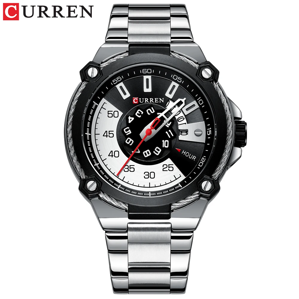 CURREN, новинка, топ бренд, мужские часы, мужские полностью стальные водонепроницаемые повседневные кварцевые часы с датой, мужские наручные часы, relogio masculino - Color: silver black
