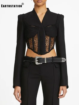 

Free shipping sexy V-neck hollow stitching lace fish bone irregular short jacket ladies autumn new fashion personality wild