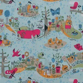 

1 yard Polyester/PVC coated Waterproof Fabric for bag, handmaking, Bear, Bird, Tree and flower on Blue background (width=140cm)