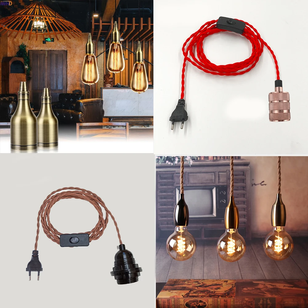 Vintage Power Cords EU Plug With Line Switch E27 LED Lights Edison Bulbs Incandescent Lamps Socket Twisted Wire Cord Lamp Hoder