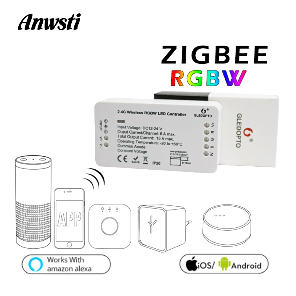 

Устройство управления светодиодной лентой G LED OPTO ZIGBEE RGBW, 12 В, 24 В постоянного тока, управление телефоном ZIGBEE 3,0, устройство управления светодиодной лентой RGBW, работает с концентратором Echo Plus