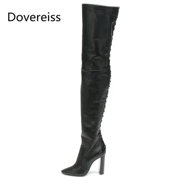

Dovereiss Fashion Women's Shoes Winter Pointed Toe sexy new Zipper Elegant Chunky heels Over the knee boots Lace up Mature 33-48