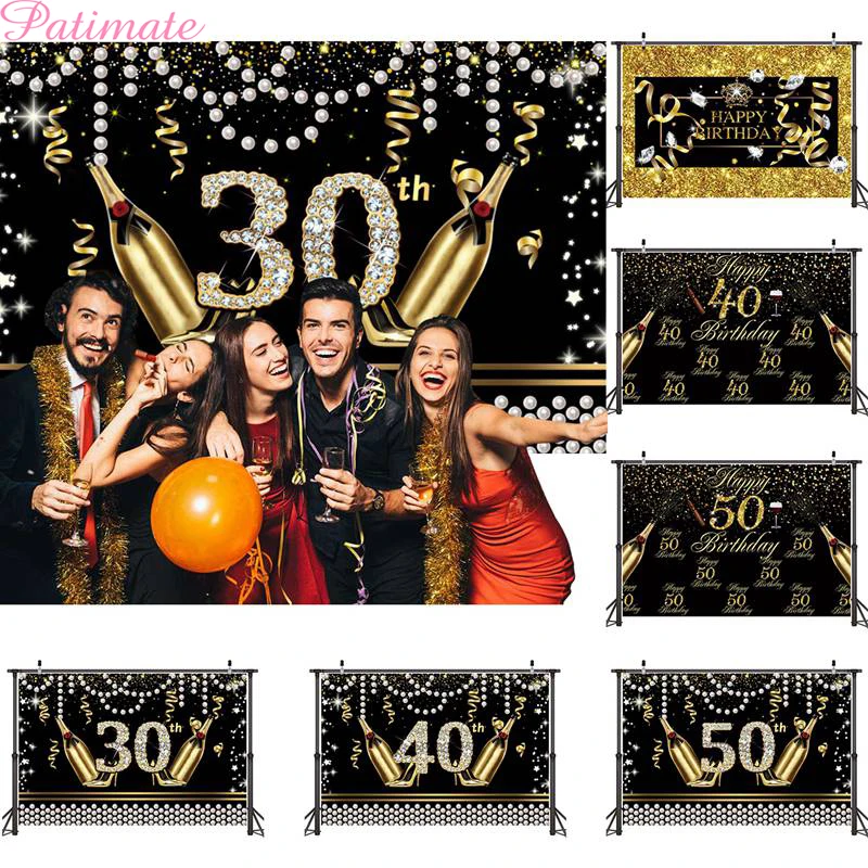 

PATIMATE 30 40 50 Black gold Birthday Backdrop Happy Birthday Decor Vinyl Backdrop Photo Studio Birthday Party Decorations Adult