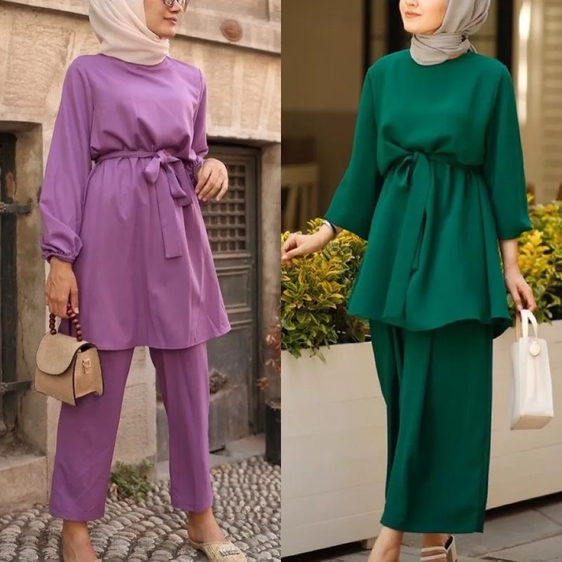 

Eid Mubarek Abaya Turkey Hijab Two-piece Muslim Sets Dress Caftan Kaftans Islam Clothing 2 Piece Set Women Musulman Ensembles