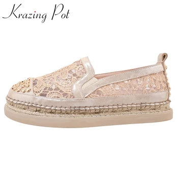 

Krazing pot cow leather air mesh round toe med heel shoes women metal decorations young lady dating slip on deep mouth pumps L58