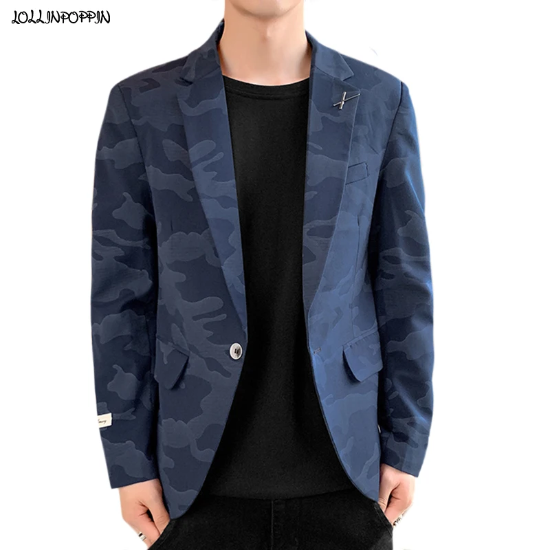 Men Camo Blazer One-button Dress Costume Slim Fit Lapel Collar New Coat Jacket