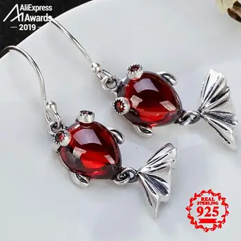 

S925 Fine Jewelry Ruby Drop Earrings Women Art Gift Red fish Vintage Natural Carnelian Retro Ruby red jasper