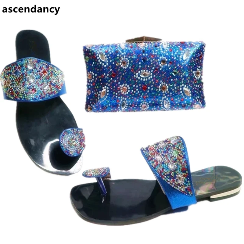 

African Italian Shoes and Bag Set Royal Blue Color Italian Ladies Shoe and Bag Set Decorated with Rhinestone High Quality Shoes
