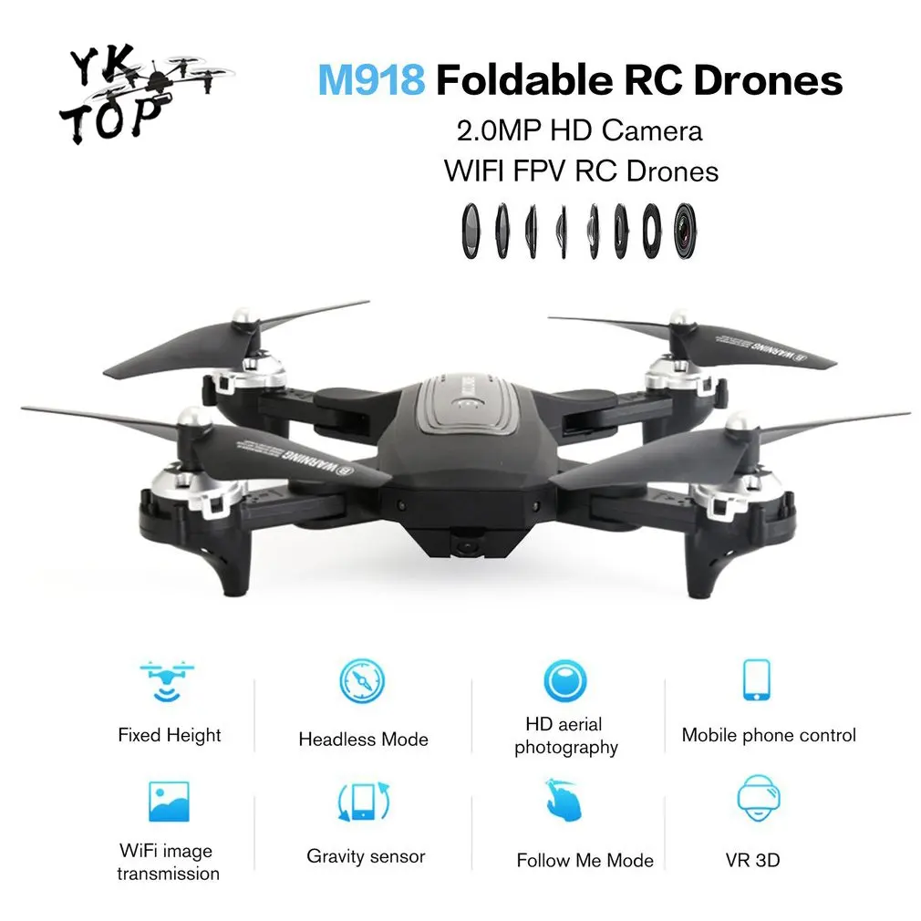 

M918 Foldable RC Drones 2.0MP HD Camera WIFI FPV Drone Altitude Hold Aircraft Four-Axis Drone Airplane with 2 Battery