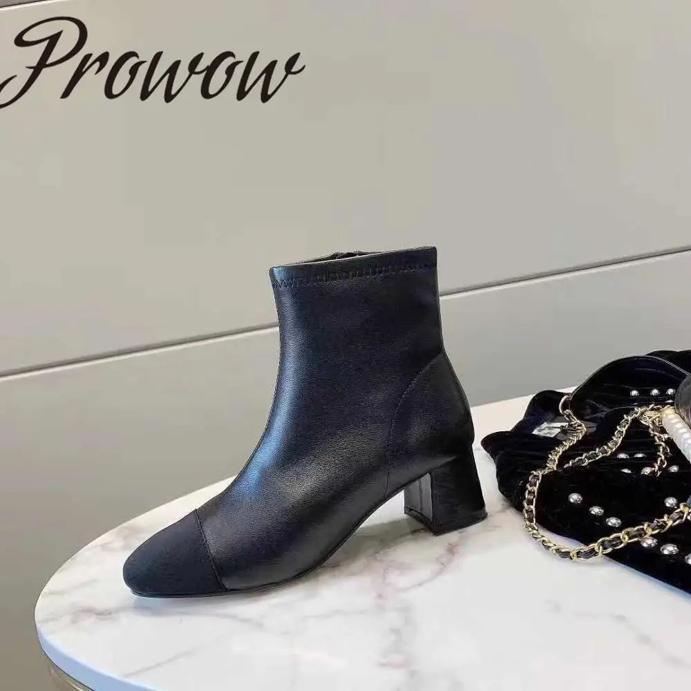 

Prowow New Genuine Leather Zip Side Warm Fur Ankle Boots Square Toe Zip Side Thick Heel HIgh Heel Boots