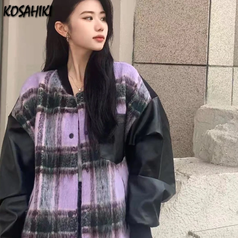 Женская клетчатая куртка-бомбер koshiki в стиле панк с рукавами из ПУ Корейская