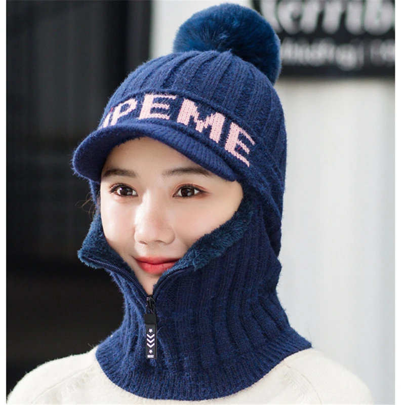 navy blue Женская зимняя теплая шерстяная шапка плюс бархатная утолщенная ветрозащитная шапка для верховой езды теплая шапка дикая шапка с капюшоном - Цвет: navy blue