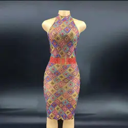 See Through Sleeveless Multicolor Rhinestones Dress Prom Party Mesh Costume Evening Dance Dress Birthday Celebrate Outfit YOUDU