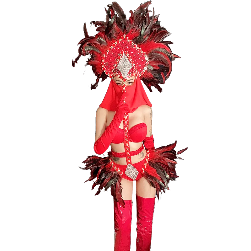 Red sexy clothing Red DS Bikini Ночной клуб Костюм Производительность Высокие Шорты Сценический Костюм Перо Ночной Клуб Танцевальная Одежда Сексуальная одежда - Цвет: Red sexy clothing
