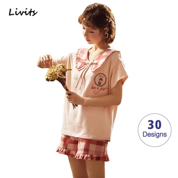 

Women's Pajamas Set High Quality Cotton Pyjamas Sleepwear Nightwear Short Sleeve Cute Cartoon Vintage Retro For Female Girl