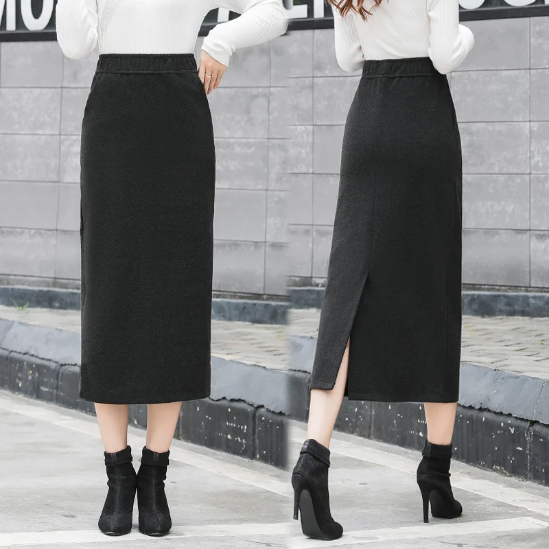 

Photo Shoot 2019 Autumn And Winter New Style Thick Warm Sheath Woolen Long Skirts Elasticity Slit Woolen Cloth One-step Skirt