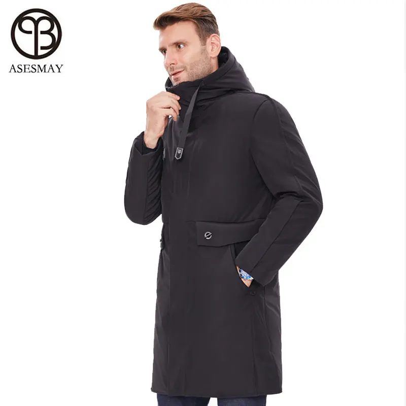Asesmay-белое пальто на утином пуху мужские парки длинная мужская зимняя куртка теплая куртка с гусиным пером и капюшоном цвета хаки толстая верхняя одежда с минус градусом - Цвет: Black