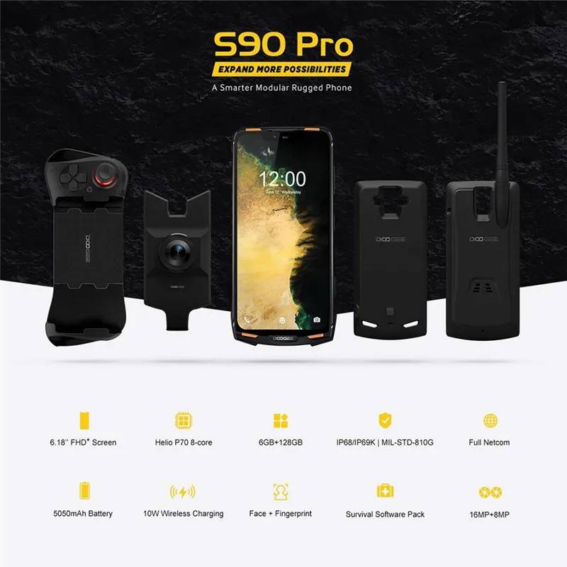 DOOGEE S90 Pro Android 9.0 IP68/IP69K Smartphone 6.18'' FHD+ Display Helio P70 Octa Core 6GB 128GB 16MP Cam Rugged Mobile phone