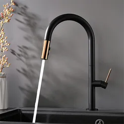 Kitchen Faucets Hot & Cold Soild Brass Sink Mixer Tap Pull Out Spray Nozzle Rotating Single Handle Deck Mounted Black Rose Gold
