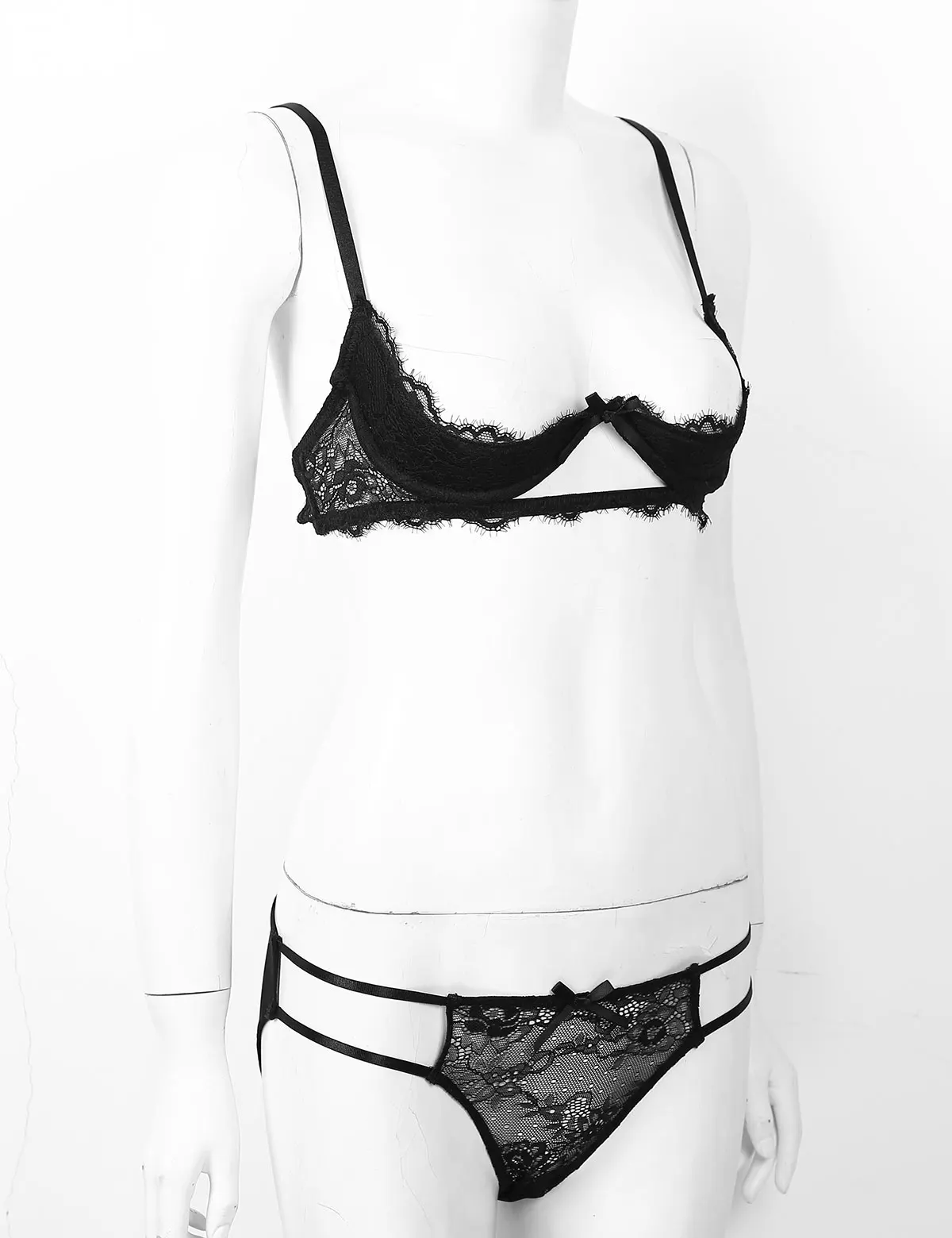 

Womens Erotic Lace Lingerie Set Adjustable Spaghetti Straps 1/4 Sponge Cups Underwired Bra Top with Low Rise G-string Briefs