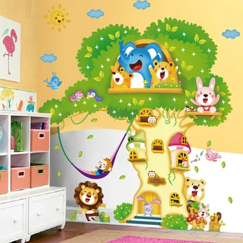 

Cute Animals Wall Sticker Cartoon The tree House Colorful PVC Decal Decor Kid Baby Room Kindergarten School Decorate