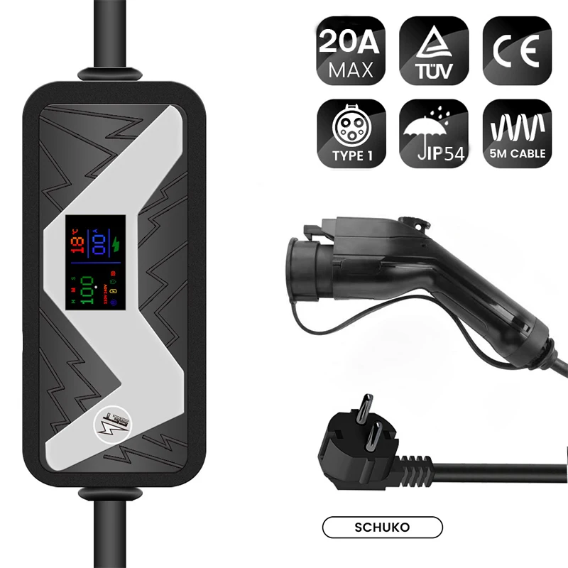 20a 4.6kw Sae J1772 Evse Electric Car Charger Level 2 Type1 Plug Home