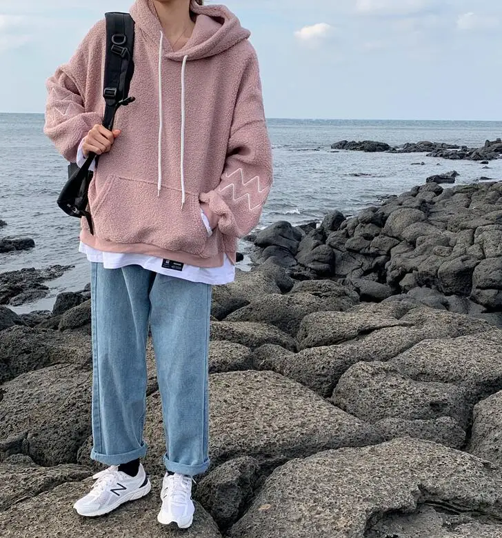 Korean autumn and winter embroidery long-sleeved hooded fake two-piece lamb hair loose sweatshirt women