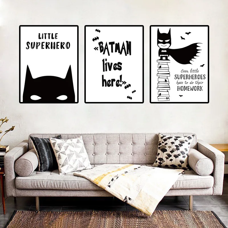 Black and White Superhero Batman Canvas Painting Funny Wall Art Poster For Living Room Kids Children Room Decoration
