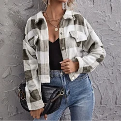 2021 outono Inverno Moda de Rua Slim Fit Solto Manga Comprida Lapela Xadrez Grosso Casaco De Pelúcia das Mulheres Usam Roupas куртка женская