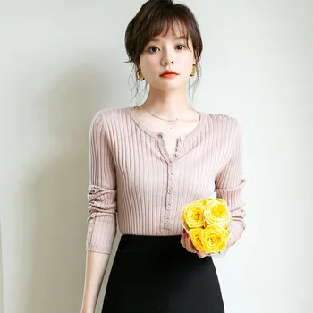 

Korean-style Sunken Stripe Slimming Sweater Female 2020 Autumn Crew Neck Slim Fit Lace Buckle Base Shirt Tops Fashion