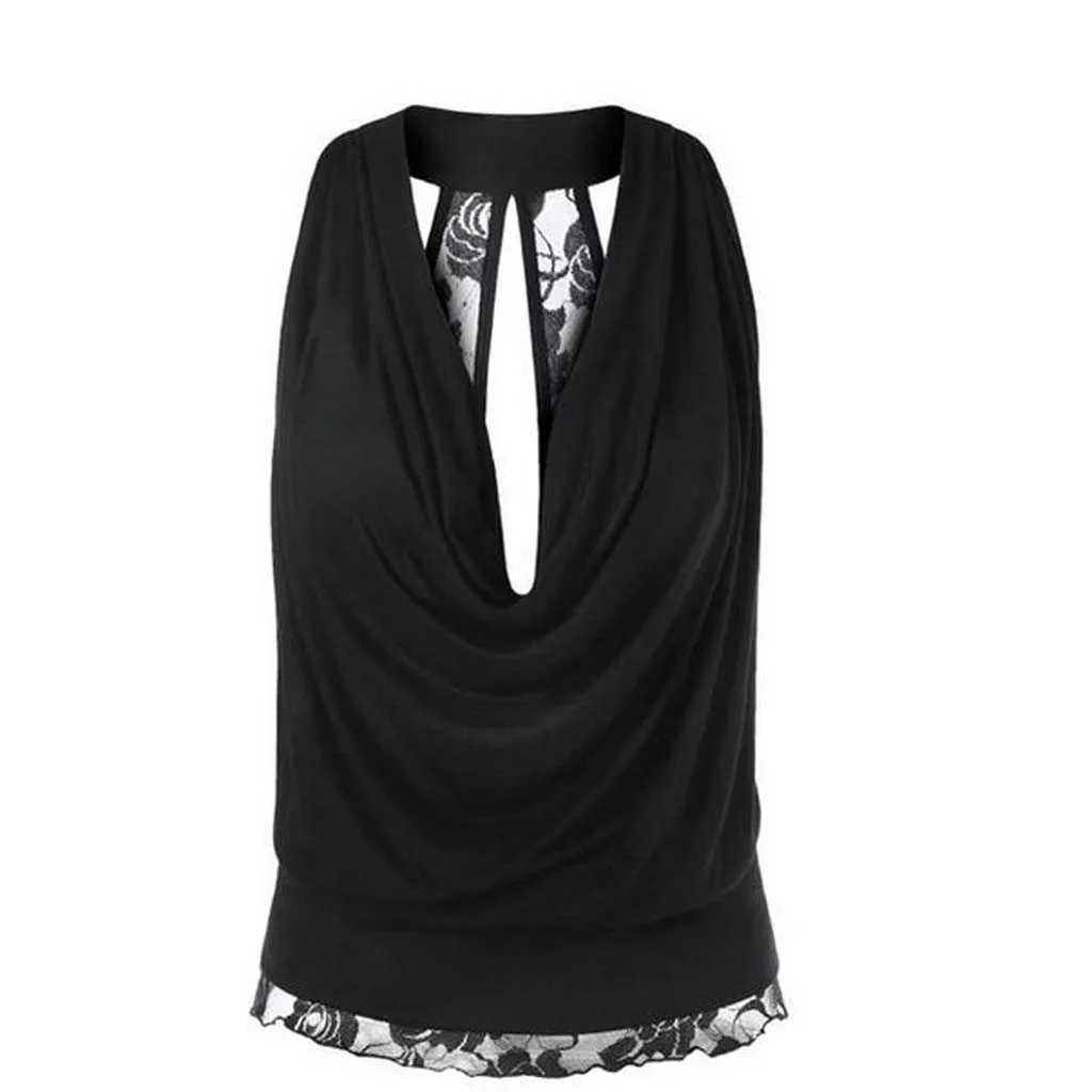 

S-5XL Plus Size Women Lace Panel Sexy V-neck Tank Ladies Backless Solid Sleeveless Top for Club Party Summer Beach