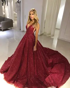 

Glittering Gold Sequin Evening Dresses 2020 Backless Evening Party Gowns V-neck Sparkle Burgundy Ball Gown Prom Dress