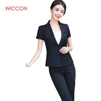 

New Fashion Women Pant Suit Two Piece Set Short Sleeve Top And Pant For Summer Office Ladies Uniform Work Wear Single Button