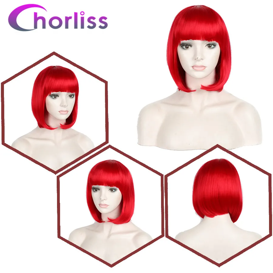 Короткие прямые натуральные темно-красные парики боб с челка Chorliss синтетические парики для женщин розовый синий белый светлый парик для косплея